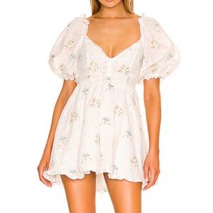 FOR LOVE & LEMONS Yolonda Puff Sleeve Mini Dress in White Mushroom Print Size M